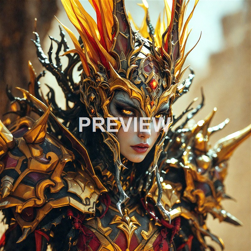 A woman dressed in elaborate, fiery gold and black armor with intricate details and a crown-like headpiece, looking intensely at the camera.